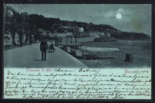 Mondschein-AK Nice, Promenade du Midi, Chemin des Baigneurs sous la lune