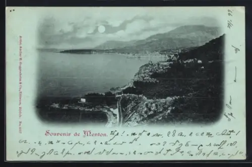 Mondschein-AK Menton, Souvenir de Menton avec vue sur la côte et les montagnes en arrière-plan