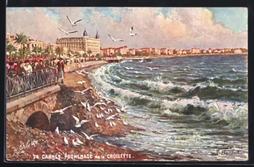 Künstler-AK Cannes, Promenade de la Croisette avec vue sur la mer et les mouettes en vol