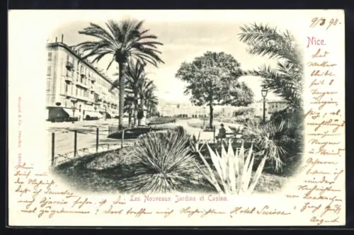 AK Nice, Les Nouveaux Jardins et Casino avec palmiers et bâtiments adjacents
