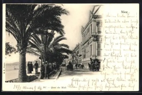 AK Nice, Quai du Midi avec palmiers et passants élégants