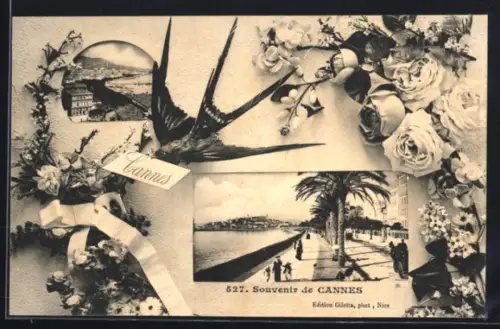 AK Cannes, Souvenir avec vue sur la promenade et décor floral