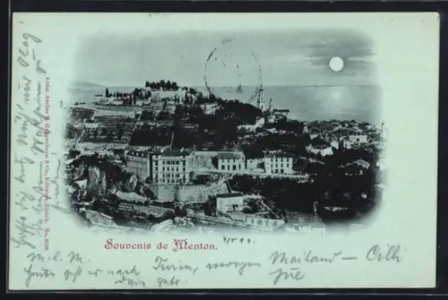 Mondschein-AK Menton, Souvenir de Menton avec vue nocturne sur la ville et la mer