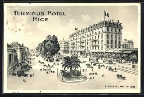 AK Nice, Terminus Hotel, Grand Cafe Strassenbahnen