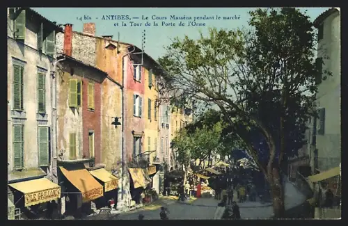 AK Antibes, Le Cours Massena pendant le marche et la Tour de la Porte de l'Orme