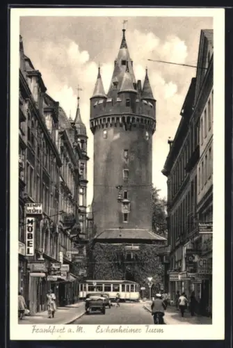 AK Frankfurt a. M., Eschenheimer Turm, Geschäfte, Cafe Amendt, Strassenbahn