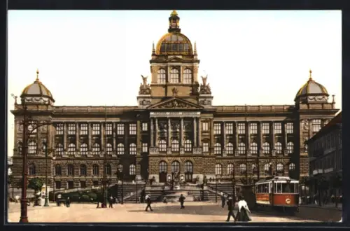 AK Prag, Museum des Königreiches Böhmens, Strassenbahn