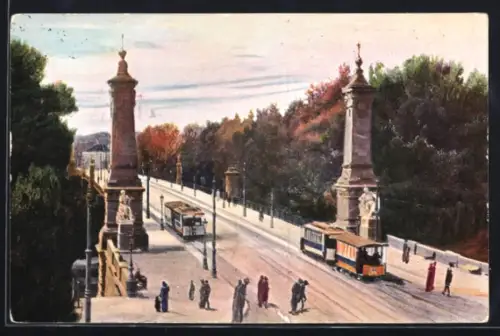 AK Stuttgart, König-Karls-Brücke mit Strassenbahnen aus der Vogelschau