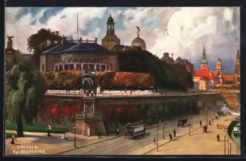 Künstler-AK Dresden, kgl. Belvedere, Strassenbahn
