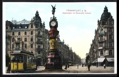 AK Frankfurt, Kaiserstrasse mit Manskopf`s Uhrturm, Strassenbahn