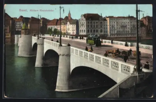 AK Basel, Mittlere Rheinbrücke mit Fuhrwerk u. Strassenbahn