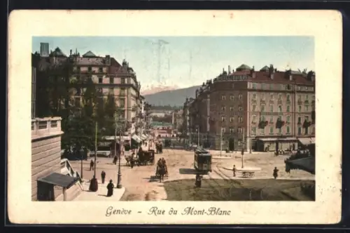 AK Genève, Rue du Mont-Blanc, Strassenbahn