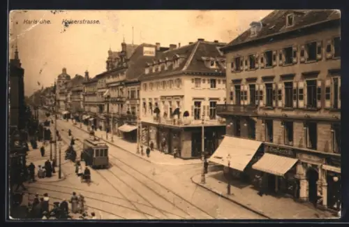 AK Karlsruhe, Kaiserstrasse mit Geschäften, Kreuzung und Strassenbahn