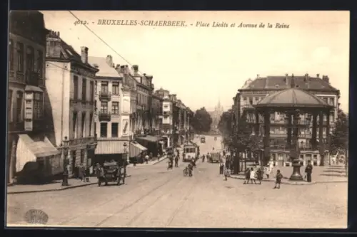 AK Bruxelles-Schaerbeek, Place Liedts et Avenue de la Reine, Strassenbahn