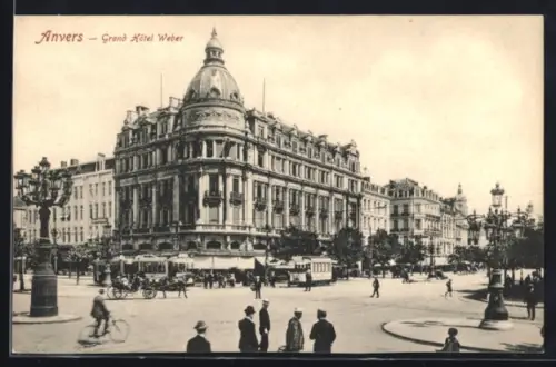 AK Anvers, Grand Hôtel Weber, Strassenbahn