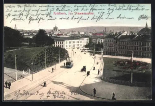 AK Kristiania, Fra Drammensveien, Strassenbahn, Panorama