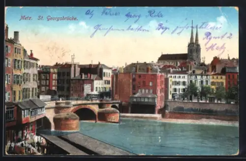 AK Metz, St. Georgsbrücke mit einfahrender Strassenbahn, Stadtpanorama