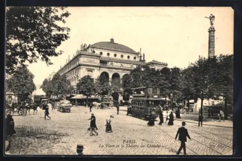 AK Paris, La Place et le Theatre du Chatelet, Strassenbahn, Säule