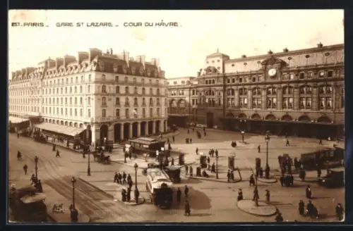 AK Paris, Gare St. Lazare, Cour du Havre, Strassenbahn