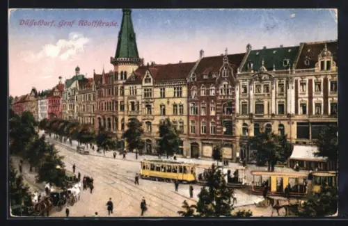 AK Düsseldorf, Graf Adolfstrasse mit Strassenbahnen aus der Vogelschau, Turm