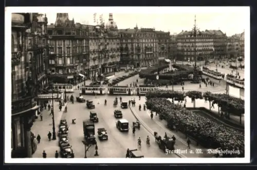 AK Frankfurt a. M., Bahnhofsplatz mit Anlagen u. Strassenbahnen aus der Vogelschau