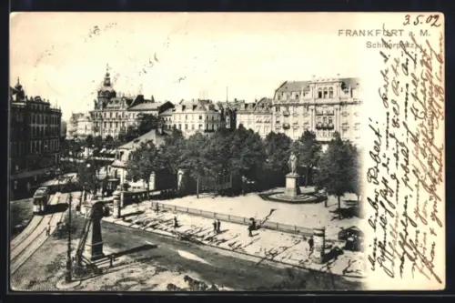 AK Frankfurt a. M., Schillerplatz mit Uhrenturm und Strassenbahn aus der Vogelschau