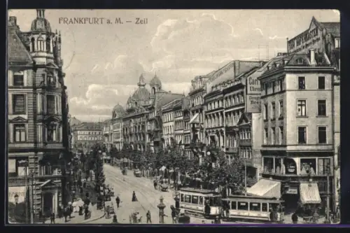 AK Frankfurt a. M., Zeil, Kreuzung mit Strassenbahn aus der Vogelschau