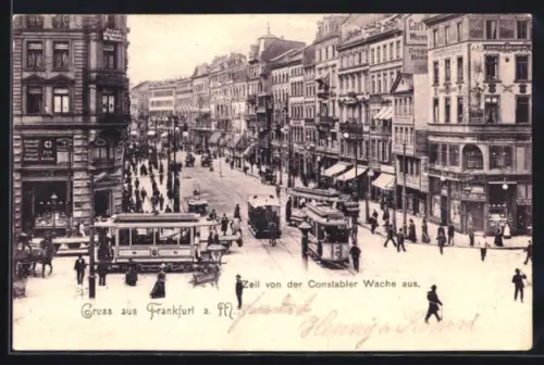 AK Frankfurt a. M., Zeil von der Constabler Wache aus, Kreuzung mit Strassenbahnen