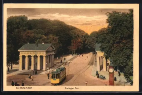 AK Düsseldorf, Ratinger Tor mit Strassenbahn aus der Vogelschau, Uhrenturm