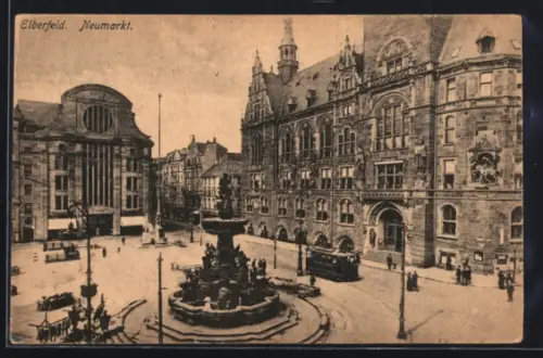 AK Elberfeld, Neumarkt mit Brunnen u. Strassenbahn aus der Vogelschau