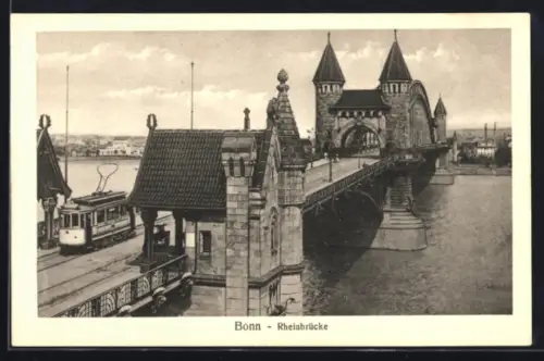 AK Bonn, Partie an der Rheinbrücke mit Strassenbahn