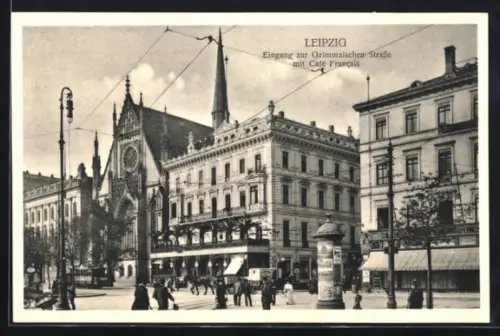 AK Leipzig, Eingang zur Grimmaischen Strasse mit Café Francais