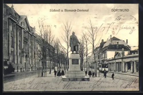 AK Dortmund, Südwall u. Bismarck-Denkmal mit Strassenbahn