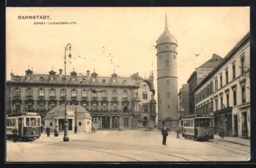 AK Darmstadt, Partie am Ernst-Ludwigsplatz mit Strassenbahn