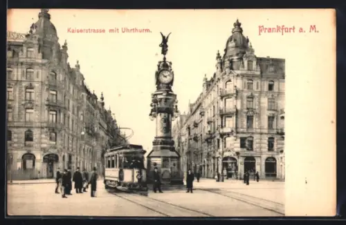 AK Frankfurt a. M., Kaiserstrasse mit Uhrturm und Strassenbahn