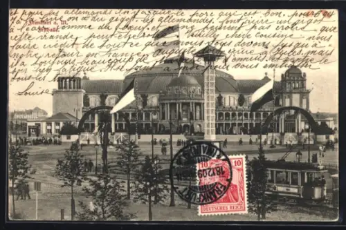 AK Frankfurt am Main, Platz vor der Festhalle mit Strassenbahn