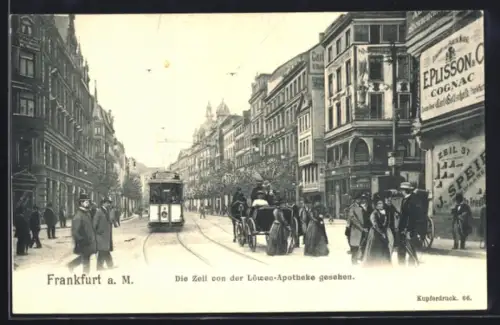 AK Frankfurt a. M., Die Zell von der Löwen-Apotheke gesehen mit Strassenbahn