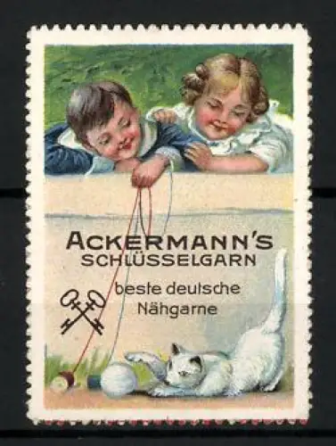 Reklamemarke Ackermann`s Schlüsselgarn, Beste deutsche Nähgarne, Kinder mit Katze und Garn