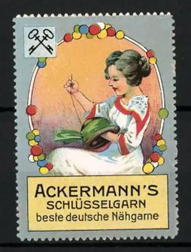 Reklamemarke Ackermann`s Schlüsselgarn, Nähgarn, Frau beim Nähen