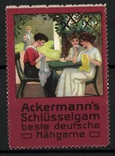 Reklamemarke Ackermann`s Schlüsselgarn, Nähgarne, Frauen beim Nähen