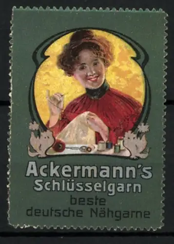 Reklamemarke Ackermann`s Schlüsselgarn, Nähgarne, Frau beim Nähen