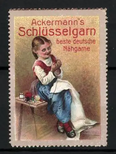 Reklamemarke Ackermann`s Schlüsselgarn, Nähgarne, Mädchen mit Nähgarn