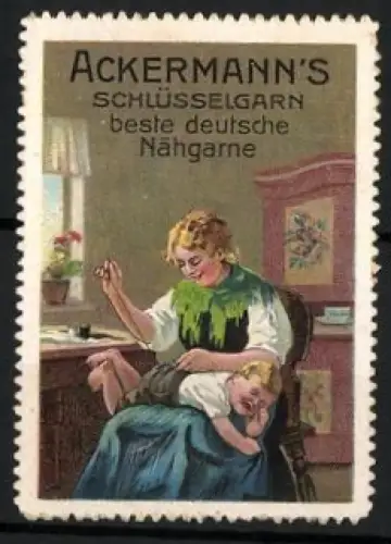 Reklamemarke Ackermann`s Schlüsselgarn, Nähgarne, Frau näht mit Kind auf dem Schoss