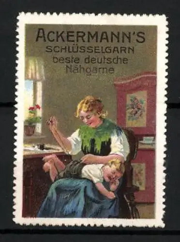 Reklamemarke Ackermann`s Schlüsselgarn, Nähgarne, Mutter mit Kind beim Nähen