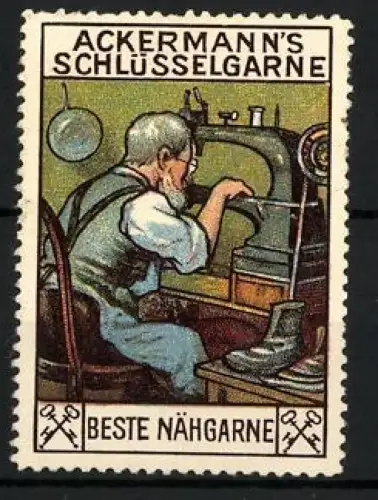 Reklamemarke Ackermann`s Schlüsselgarne, Nähgarne, Näher an Maschine und gekreuzte Schlüssel