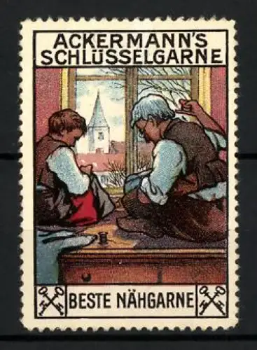 Reklamemarke Ackermann`s Schlüsselgarne, Nähgarne, Näherinnen am Fenster und gekreuzte Schlüssel als Logo