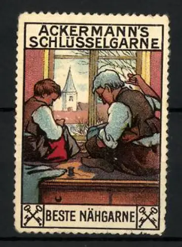 Reklamemarke Ackermann`s Schlüsselgarne, Nähgarne, Nähende Männer am Fenster