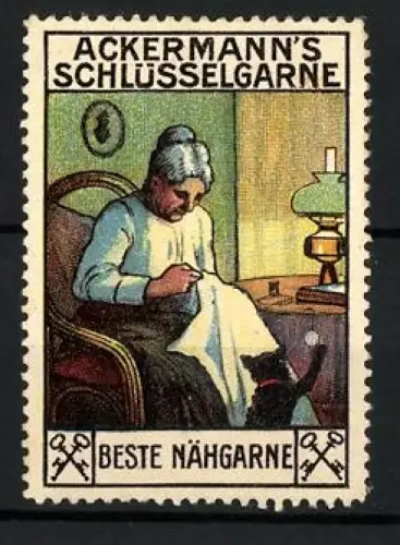 Reklamemarke Ackermann`s Schlüsselgarne, Nähgarne, Frau beim Nähen mit einer schwarzen Katze
