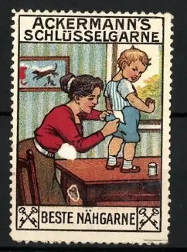 Reklamemarke Ackermann`s Schlüsselgarne, Nähgarne, Frau näht Hose eines Kindes