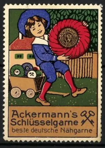 Reklamemarke Ackermann`s Schlüsselgarne, Nähgarne, Junge mit Karren voller Garnrollen